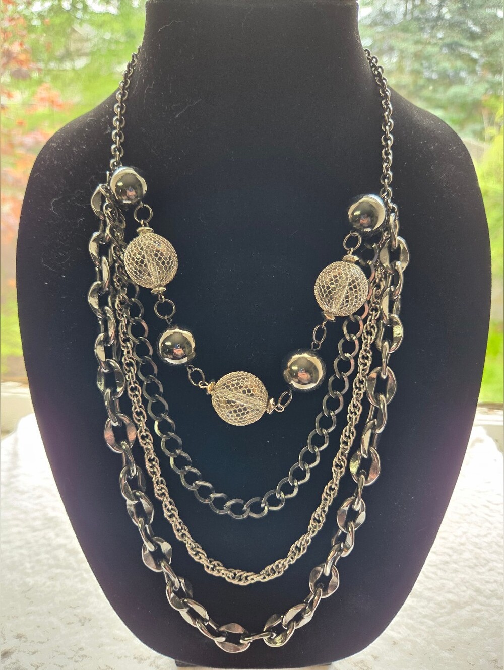 Multi-Row Silver-Tone Statement Necklace - Layered  Filigree Ball & Chain Design